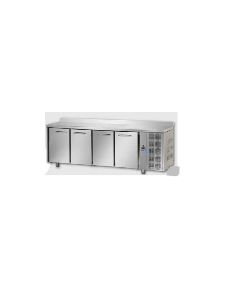 Tavolo Refrigerato GN 1/1 a temperatura normale con 4 porte e piano in Acciaio Inox con alzatina 100 mm, cm 232x70x95h