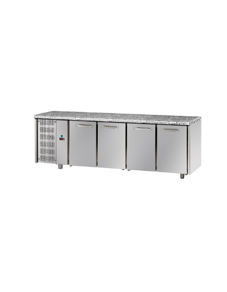 Tavolo Refrigerato a temp. normale, 4 porte, piano di lavoro in Granito e gruppo motore a sx cm 233x70x85h