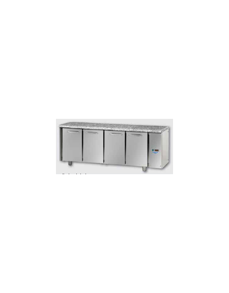 Tavolo Refrigerato GN 1/1 con 4 porte e piano di lavoro in Granito, predisposto per unità frigorifera remota cm 211x70x85h Tavolo Refrigerato GN 1/1 con 4 porte e piano di lavoro in Granito, predisposto per unità frigorifera remota cm 211x70x85h