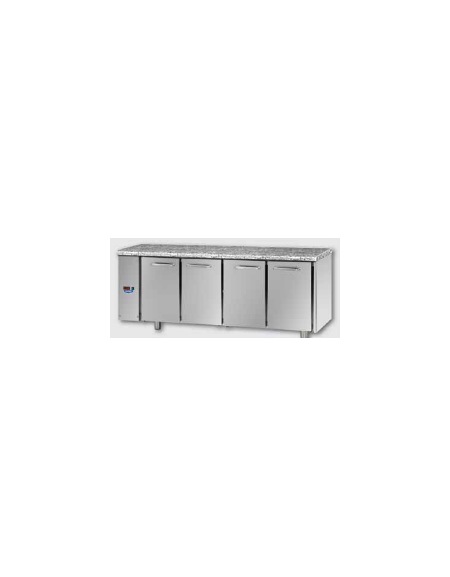 Tavolo Refrigerato GN 1/1 con 4 porte e piano di lavoro in Granito, predisposto per unità frigorifera remota cm 211x70x85h Tavolo Refrigerato GN 1/1 con 4 porte e piano di lavoro in Granito, predisposto per unità frigorifera remota cm 211x70x85h