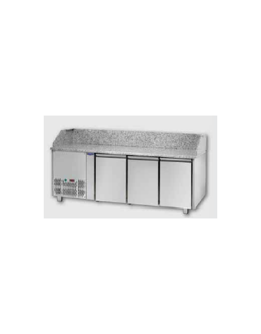 Tavolo Refrigerato Pizza GN 1/1 con 3 porte, gruppo motore a sinistra e piano in granito CM 204x75x103H