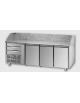 Tavolo Refrigerato Pizza GN 1/1 con 3 porte, gruppo motore a sinistra, 3 cassetti neutri e piano in granito CM 206x75x103/110H