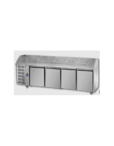 Tavolo Refrigerato Pizza 600x400 con 4 porte, gruppo motore a sinistra e piano in granito CM 271x80x103