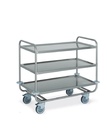 Carrello inox AISI 304 per trasporto pesante - 3 piani stampati cm 100x60, saldati - Portata complessiva Kg 200 - cm 109x69x95h