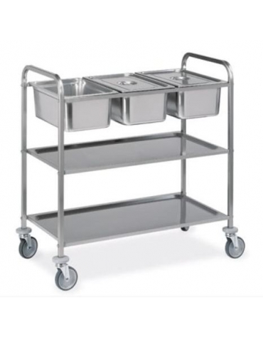 Carrello inox da sbarazzo 3 bacinelle GN cm  112x62x94h - CON DUE PIANI INTERMEDI