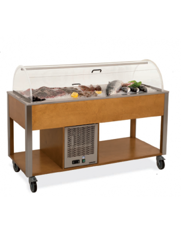 Carrello refrigerante in legno colore Rovere - 4 x GN 1/1 - con cupola e griglie asolate - cm 161x68x120h