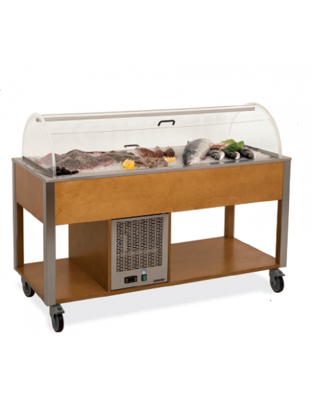 Carrello refrigerante in legno colore Rovere - 4 x GN 1/1 - con cupola e griglie asolate - cm 161x68x120h