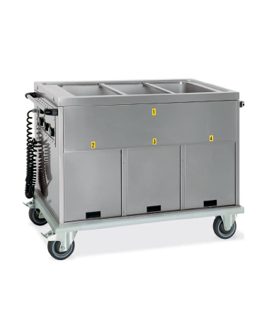 Carrello termico armadiato-vasca unica 4x1/1GN 1 vano neutri,3 vani riscaldati cm 172x72x96h
