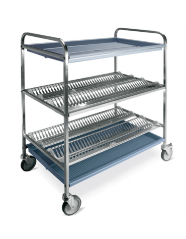 Carrello inox con 2 piani scolapiatti e 1 scolabicchieri - portata 120 Piatti Ø cm 16÷26 - cm 87x62x121h