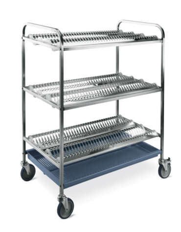 Carrello inox con 3 piani scolapiatti - portata 216 piatti Ø cm 16÷26 - cm 102x62x121h