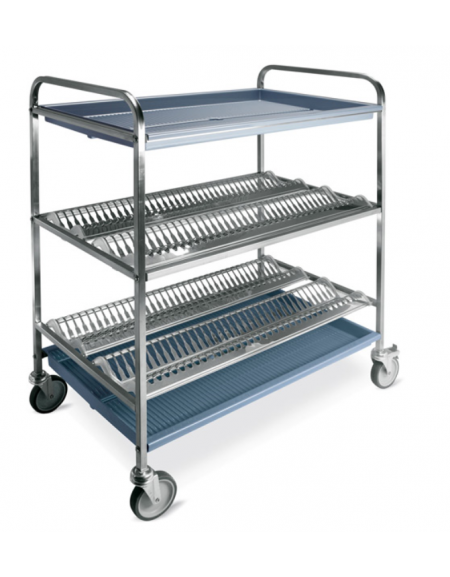 Carrello inox con 2 piani scolapiatti, portata 144 Piatti  Ø cm 16÷26 + 1 piano scolabicchieri - cm 102x62x121h