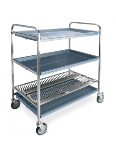 Carrello inox con 1 piano scolapiatti, portata 72 Piatti Ø cm 16÷26 + 2 piani scolabicchieri - cm 102x62x121h