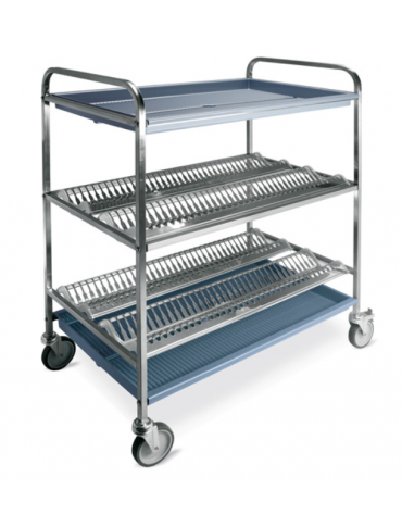 Carrello inox con 2 piani scolapiatti, portata 144 piatti Ø cm 16÷32 + 1 piano scolabicchieri - cm 102x69x134h