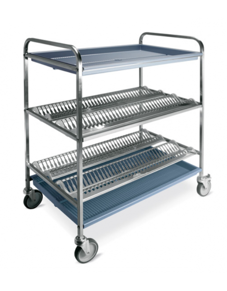 Carrello inox con 2 piani scolapiatti, portata 144 piatti Ø cm 16÷32 + 1 piano scolabicchieri - cm 102x69x134h