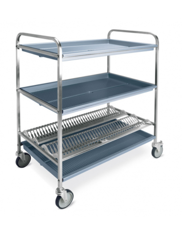 Carrello inox con 1 piano scolapiatti, portata 72 piatti Ø cm 16÷32 + 2 piani scolabicchieri - cm 102x69x134h