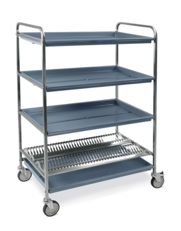 Carrello inox con 1 piano scolapiatti, portata 60 piatti Ø cm 16÷26 + 3 piani scolabicchieri - cm 87x62x159h