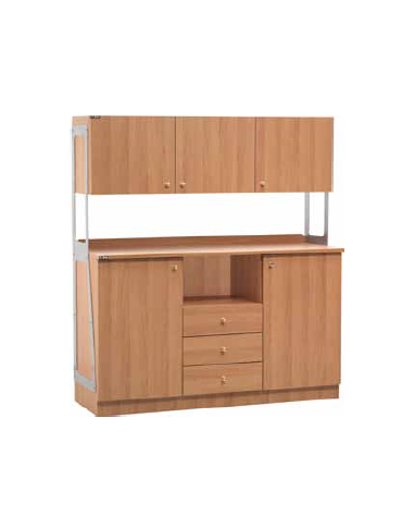 Mobile di servizio 3 cassetti + 2 sportelli + 3 pensili colore noce - cm 137x48x153h