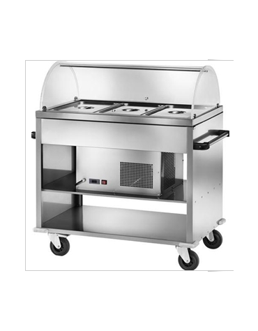 Carrello espositore refrigerato -5° +5°C, in acciaio inox con cupola in plexiglass - 3 x GN1/1 - cm 124x72x126h