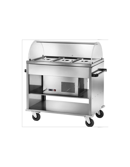 Carrello espositore refrigerato -5° +5°C, in acciaio inox con cupola in plexiglass - 3 x GN1/1 - cm 124x72x126h