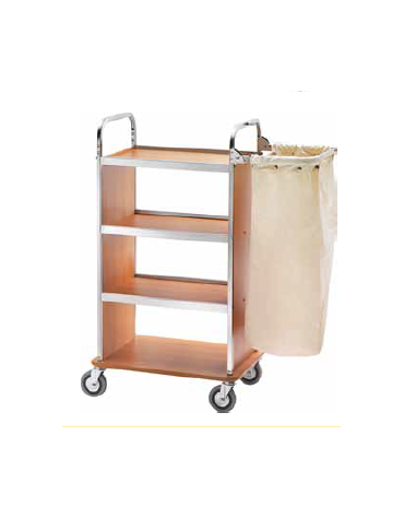 Carrello portabiancheria inox, 4 ripiani in laminato, colore Noce - cm 100x50x123h