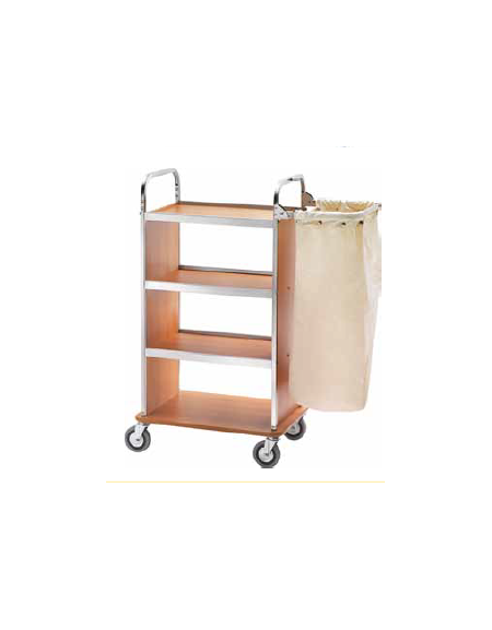Carrello portabiancheria inox, 4 ripiani in laminato, colore Noce - cm 100x50x123h