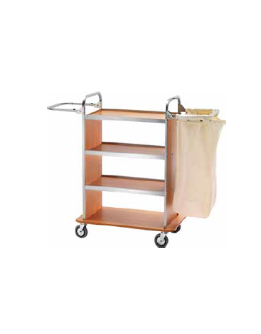 Carrello portabiancheria per pulizie in acciaio inox, 4 ripiani in laminato - colore Noce - CM 143x50x123h