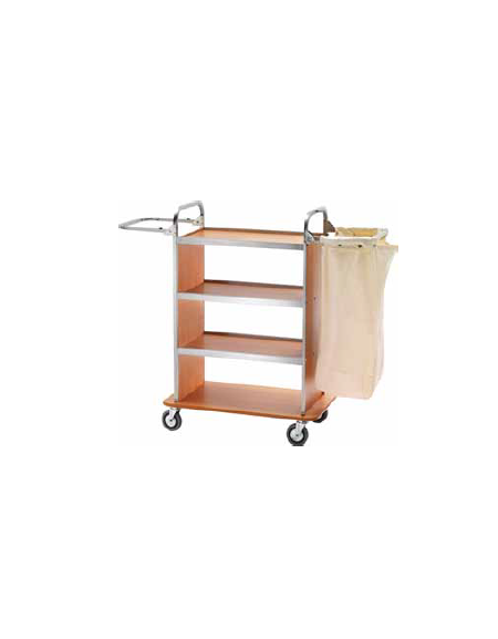 Carrello portabiancheria per pulizie in acciaio inox, 4 ripiani in laminato - colore Noce - CM 143x50x123h