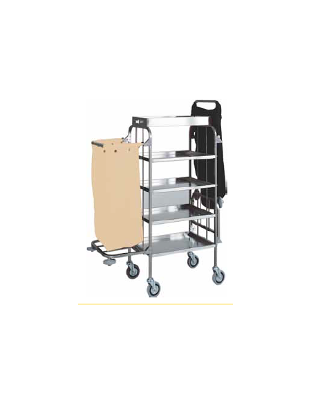Carrello portabiancheria, multiuso inox. 4 piani. Cassetta portaoggetti, sacco, porta scope cm 82/152x50x158h