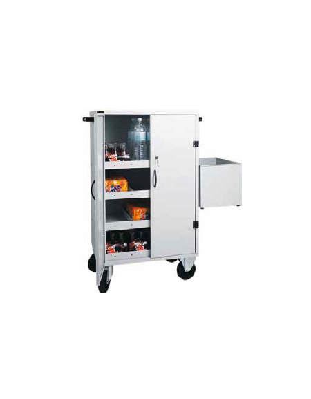 Carrello per il rifornimento di frigo-bar in lamiera, tre piani intermedi. vaschetta raccogli vuoti cm 80x50x118h
