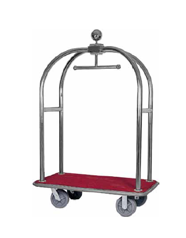 Carrello porta valigie con appendiabiti. Acciaio inox con base in moquette cm 124x64x190h