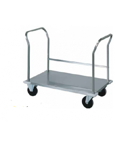 Carrello per il trasporto pesante pianale in lamiera inox. Doppio manico cm 56x110x85h