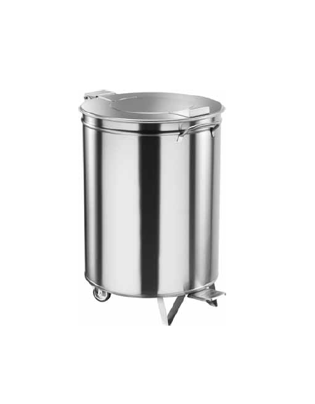 Porta rifiuti in acciaio inox carrellato a forma cilindrica. coperchio con pedale. 100 Litri. Ø 46 x 70h