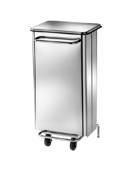 Pattumiera rettangolare inox con 2 ruote. Pedale, estrazione sacco anteriore. Litri: 100 cm 49x50x101h