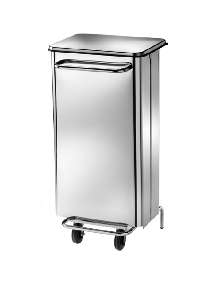 Pattumiera rettangolare inox con 2 ruote. Pedale, estrazione sacco anteriore. Litri: 70 cm 49x50x79h