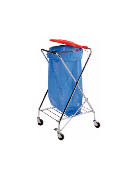 Carrello pattumiera "X" verniciato con portaoggetti. Attacco rotondo coperchio in plastica, cestino porta oggetti plastificato. 