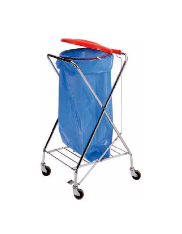 Carrello pattumiera "X" cromato con pedale. Attacco rotondo coperchio in plastica. cm 58x56x102h
