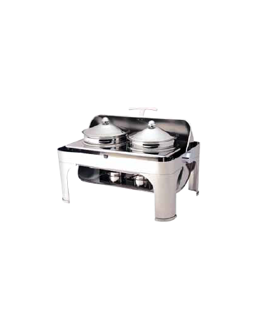 Chafing dish rettangolare con coperchio rool top 180°. bruciatori ad alcool. Pentole da 4,6 Lt.  cm 65x47x45h