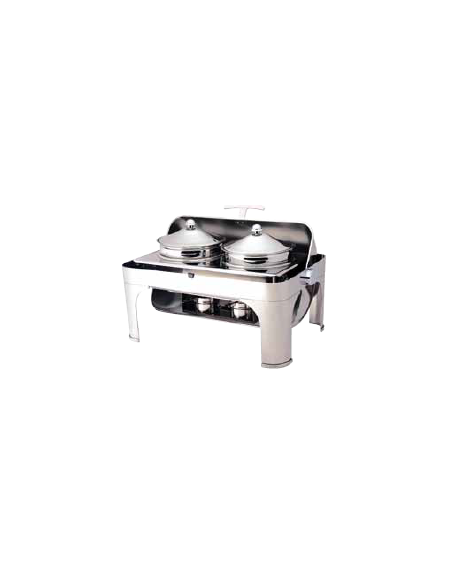 Chafing dish rettangolare con coperchio rool top 180°. bruciatori ad alcool. Pentole da 4,6 Lt.  cm 65x47x45h