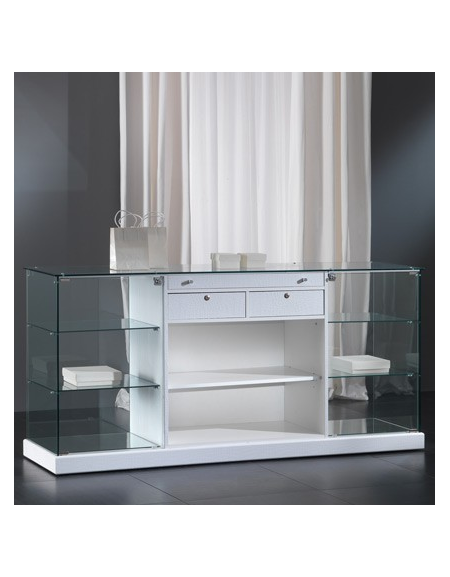 Banco rivestito in ecopelle - mobile con 2 cassetti, piano estraibile e vani a giorno cm 183 x 46 x 90h
