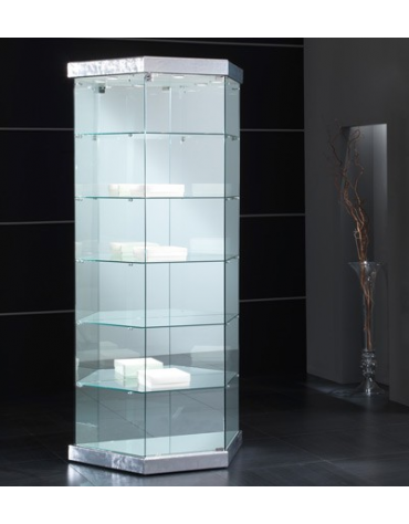 Vetrina trapezoidale cristalli temperati - Base e cappello in colore silver - 2 faretti a Led - cm 93 x 44 x 200h