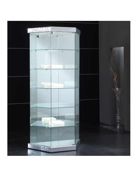 Vetrina trapezoidale cristalli temperati - Base e cappello in colore silver - 2 faretti a Led - cm 93 x 44 x 200h
