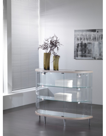Banco vetrina semiovale cristalli temperati – luci alogene verticali su due lati – ripiani regolabili in altezza – cm 112 x 38 x