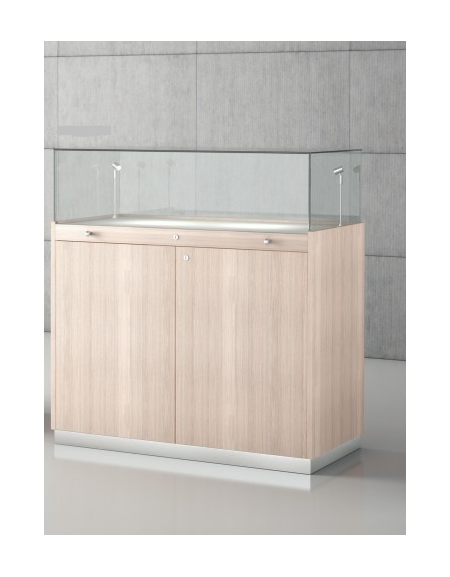 Banco con 2 ante con serratura, ripiano estraibile, 2 faretti LED e teca in cristallo temperato – cm 100 x 50 x 106h