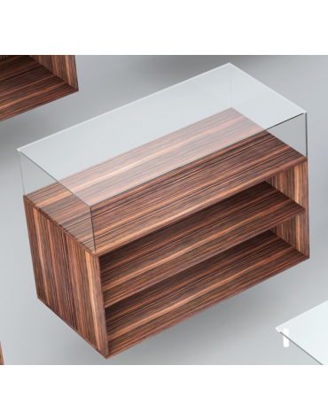 Bancone in legno con cassa teca bassa in vetro temperato h 25 cm - Colore bianco lucido - cm 110 x 55 x 75h