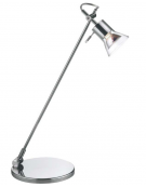Lampada da tavolo in metallo cromato con diffusore in vetro.  Completa di lampadina alogena 230v 50w e vetro di  protezione.