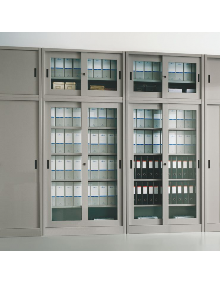 ARMADIO METALLICO CON ANTE SCORREVOLI IN VETRO TEMPERATO CON SERRATURA - cm 150x60x200h