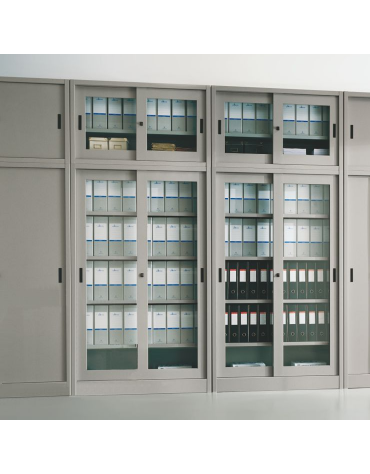 ARMADIO METALLICO CON ANTE SCORREVOLI IN VETRO TEMPERATO CON SERRATURA - CM 180x60x200h