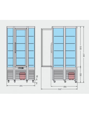 Vetrina refrigerata verticale per pasticceria Dimensioni: larghezza mm.910, profondità mm.823, altezza mm.1817.