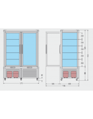 Vetrina refrigerata statica verticale Dimensioni: larghezza mm.1270, profondità mm.690, altezza mm.1820.