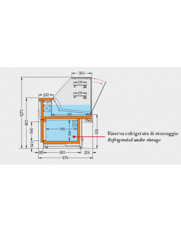 Vetrina fredda vetri alti dritti Dimensioni: larghezza mm.1980, profondità mm.974, altezza mm.1270.